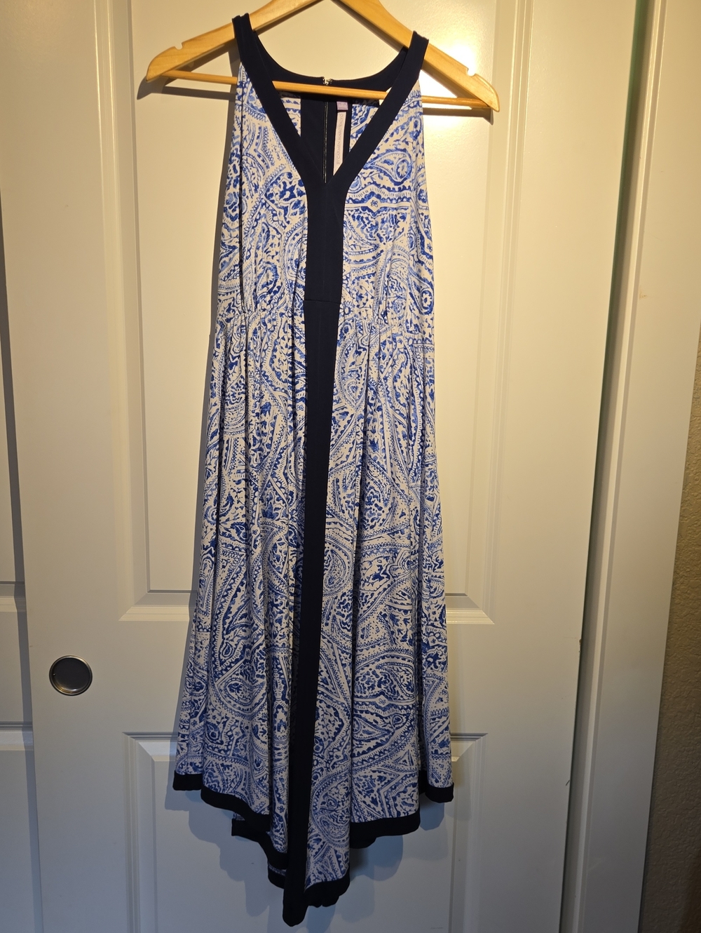 Luxe Blue & White Paisley Asymmetrical Maxi Dress